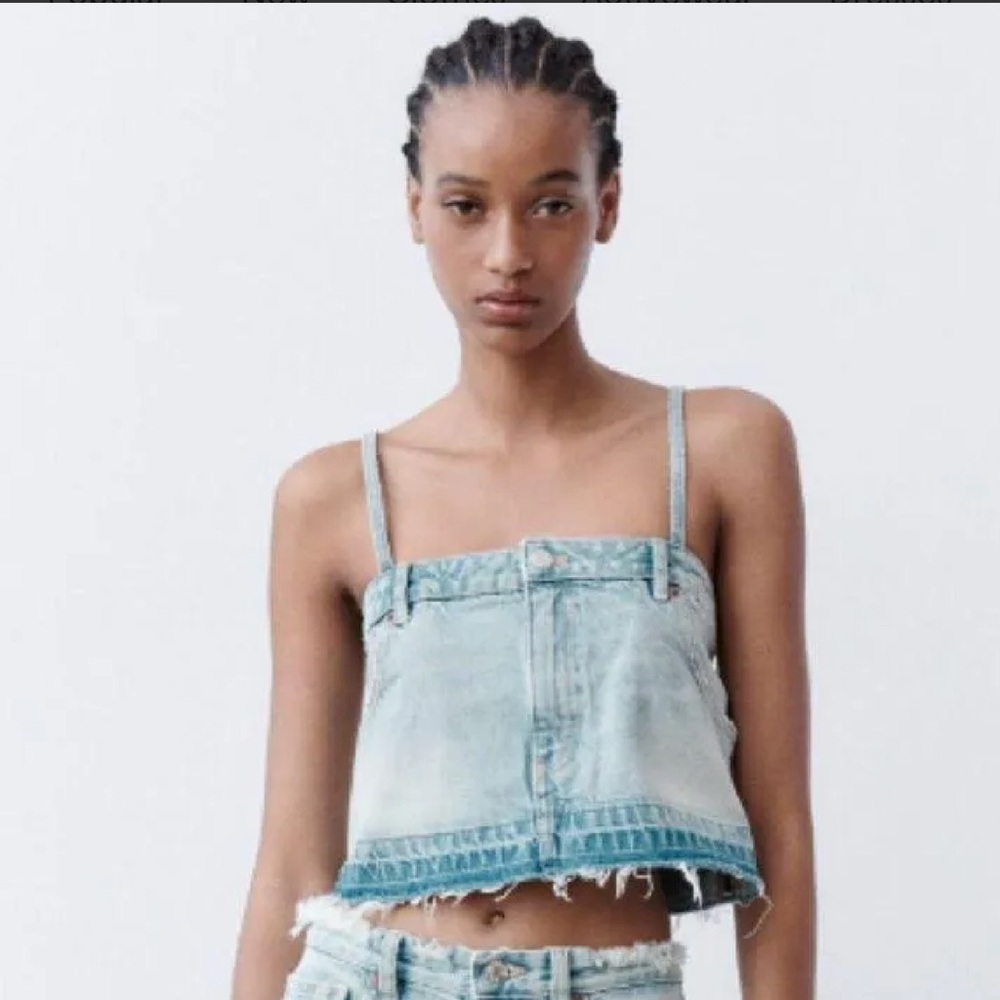 NWOT - ZARA Jean Cropped Pants Spaghetti Strap Blue Wash Crop Top